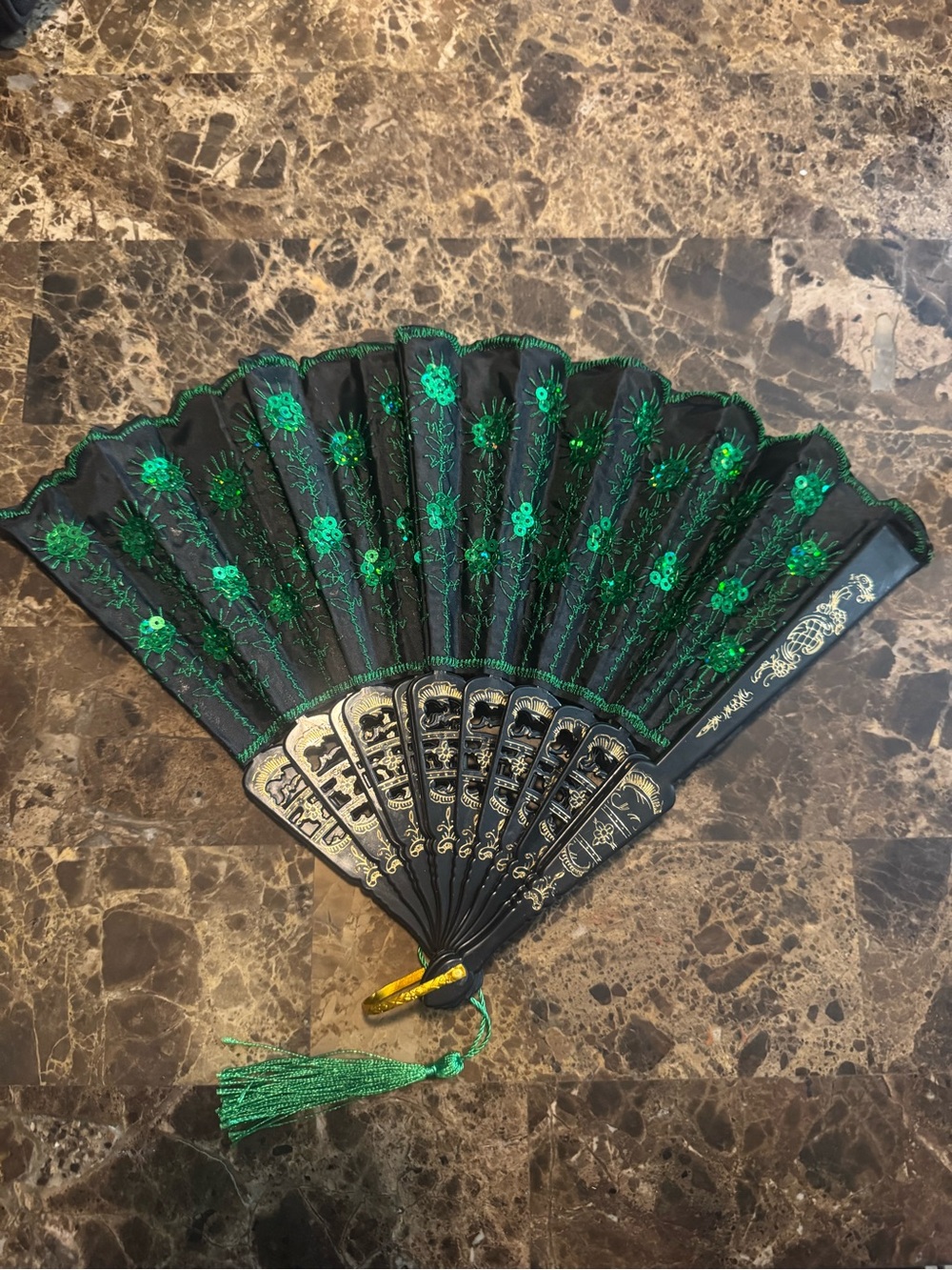 Black & Green Embroidered Folding Hand Fan - Elegant Women's Accessory